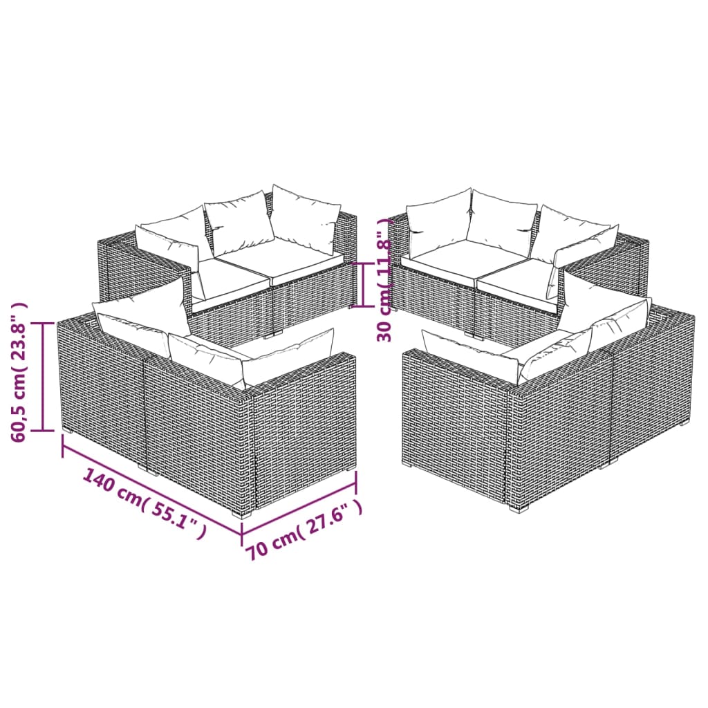 Set Divani da Giardino 8 pz con Cuscini in Polyrattan Marrone | homemem39