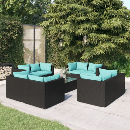 Set Divani da Giardino 9 pz con Cuscini in Polyrattan Nero | homemem39