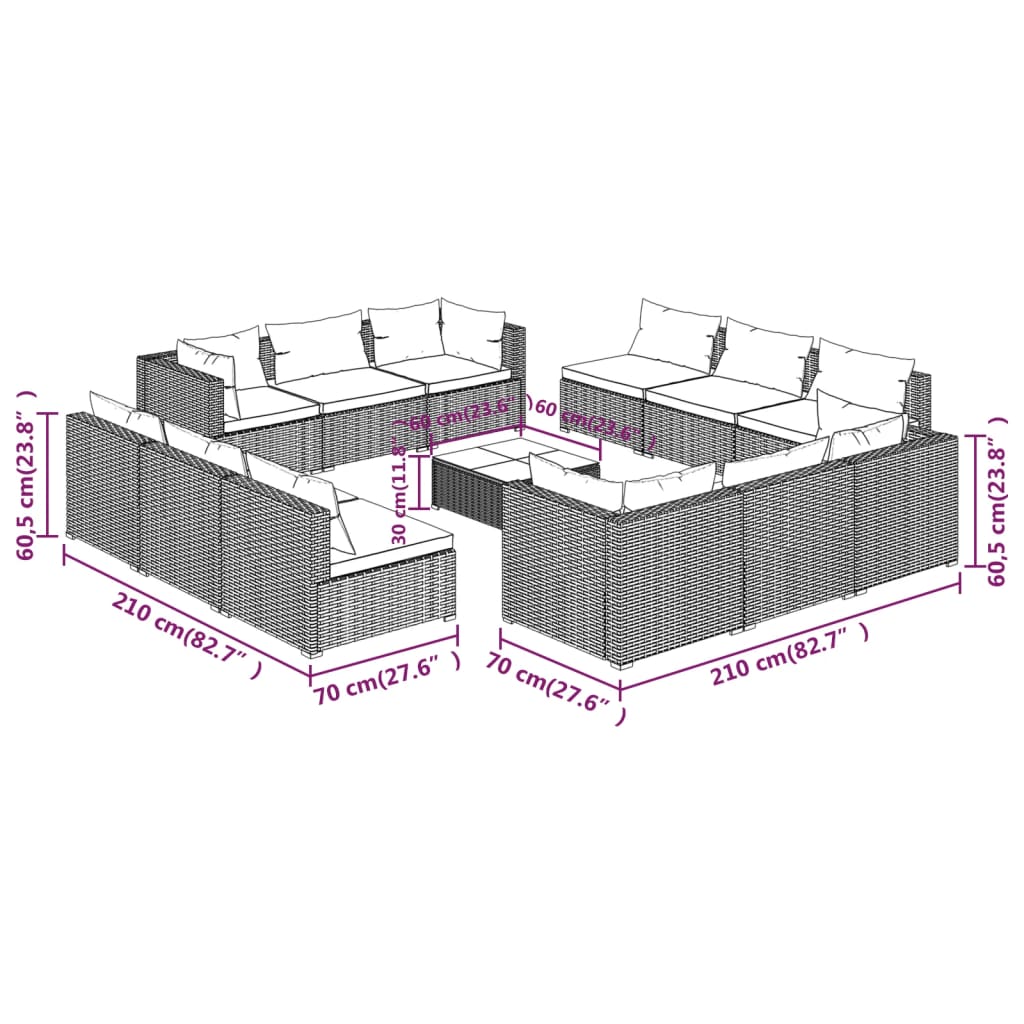 Set Divani da Giardino 13 pz con Cuscini in Polyrattan Marrone | homemem39