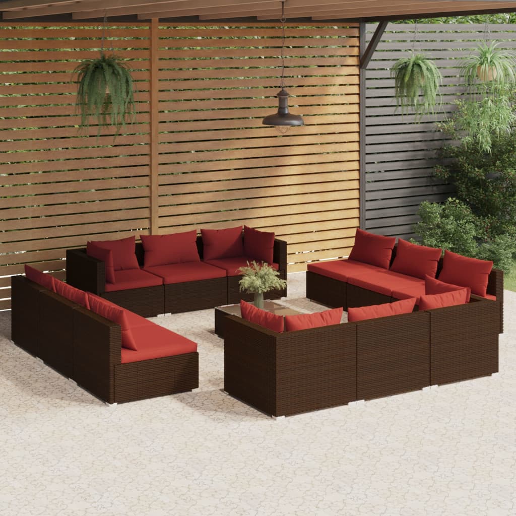 Set Divani da Giardino 13 pz con Cuscini in Polyrattan Marrone | homemem39