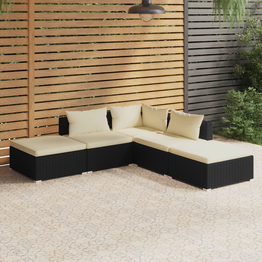 Set Divani da Giardino 5 pz con Cuscini in Polyrattan Nero | homemem39
