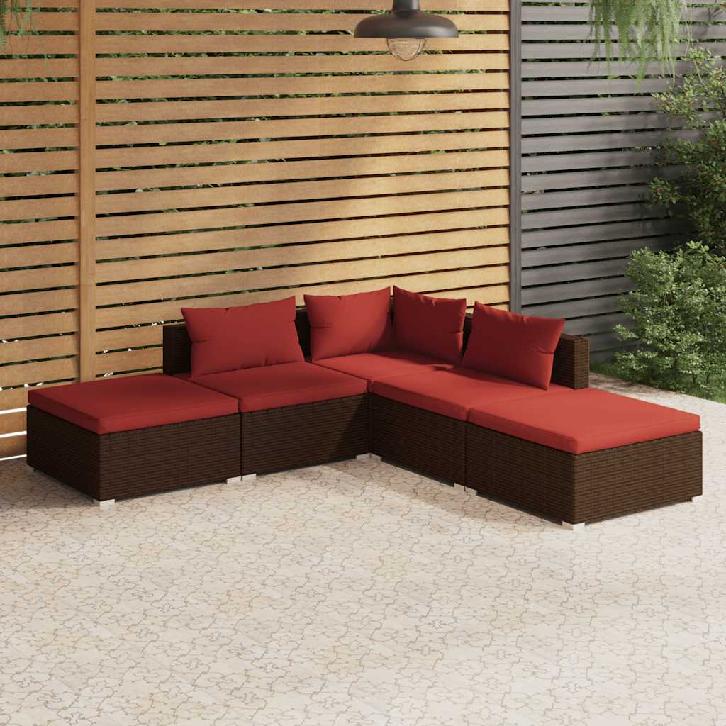 Set Divani da Giardino 5 pz con Cuscini in Polyrattan Marrone | homemem39