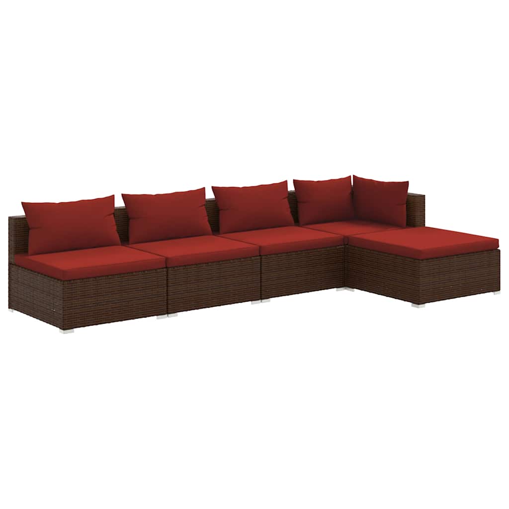 Set Divani da Giardino 5 pz con Cuscini in Polyrattan Marrone | homemem39