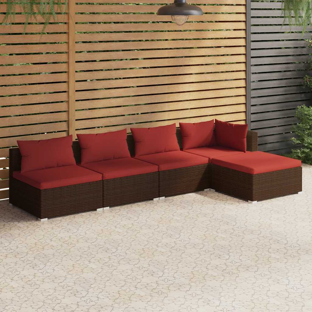Set Divani da Giardino 5 pz con Cuscini in Polyrattan Marrone | homemem39