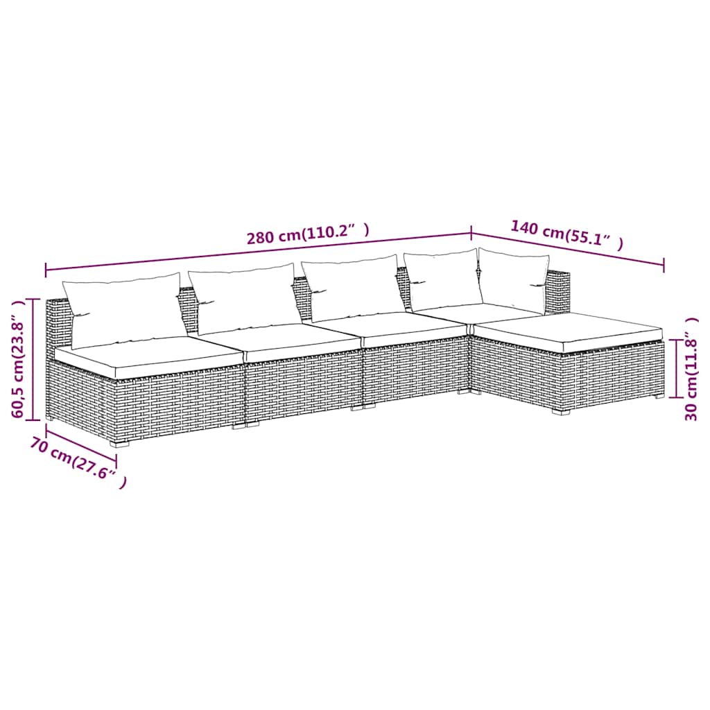 Set Divani da Giardino 5 pz con Cuscini in Polyrattan Marrone | homemem39