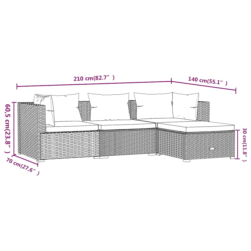 Set Divani da Giardino 4 pz con Cuscini in Polyrattan Nero | homemem39