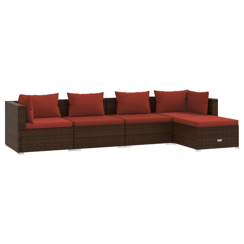 Set Divani da Giardino 5 pz con Cuscini in Polyrattan Marrone | homemem39