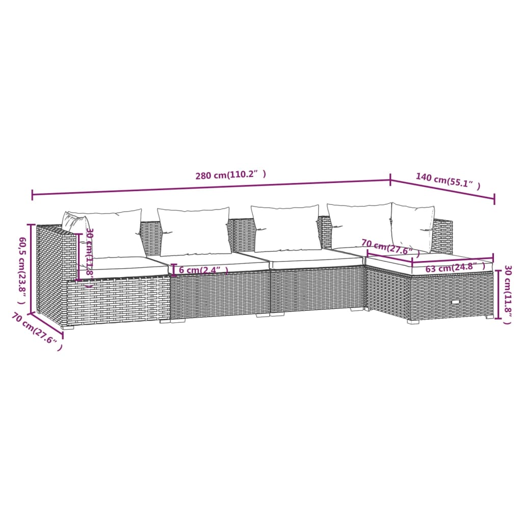 Set Divani da Giardino 5 pz con Cuscini in Polyrattan Marrone | homemem39