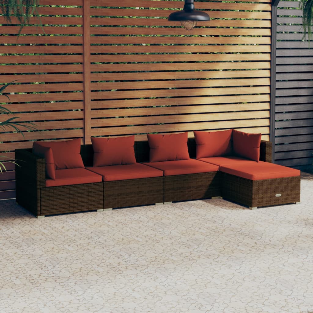 Set Divani da Giardino 5 pz con Cuscini in Polyrattan Marrone | homemem39