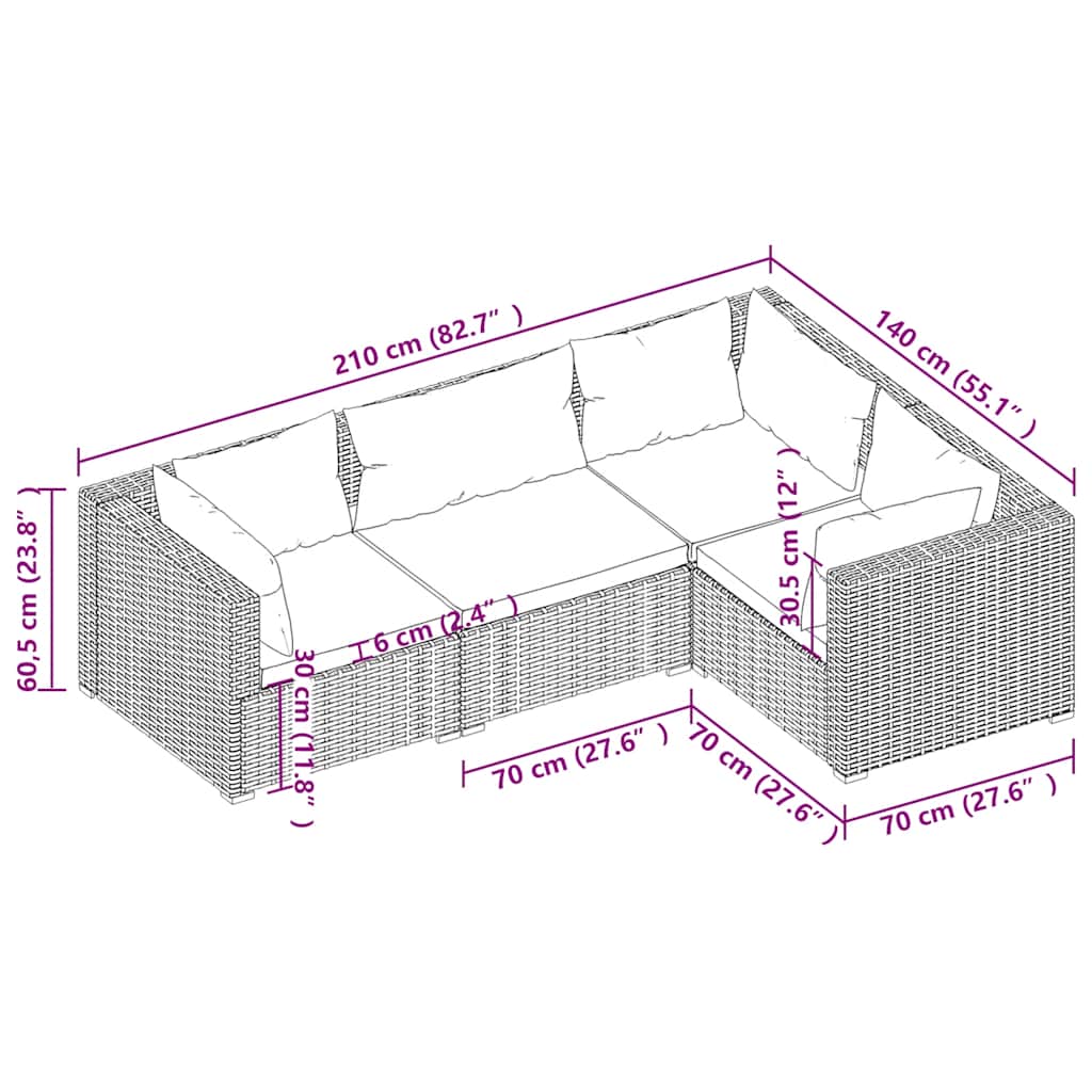 Set Divani da Giardino 4 pz con Cuscini in Polyrattan Nero | homemem39