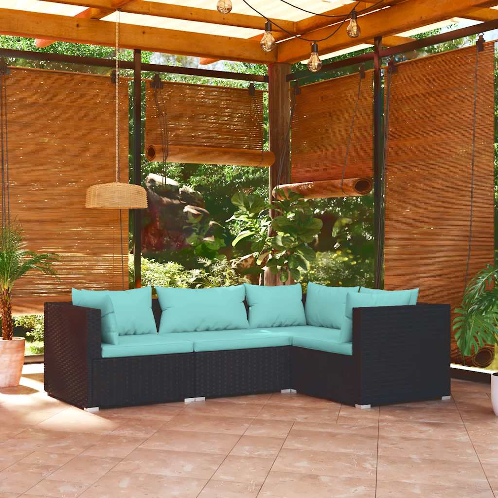 Set Divani da Giardino 4 pz con Cuscini in Polyrattan Nero | homemem39