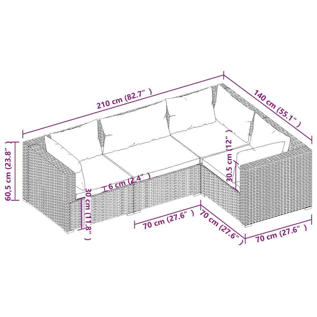 Set Divani da Giardino 4 pz con Cuscini in Polyrattan Marrone | homemem39