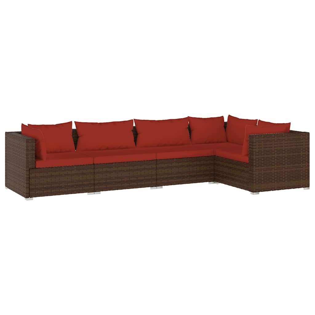 Set Divani da Giardino 5 pz con Cuscini in Polyrattan Marrone | homemem39