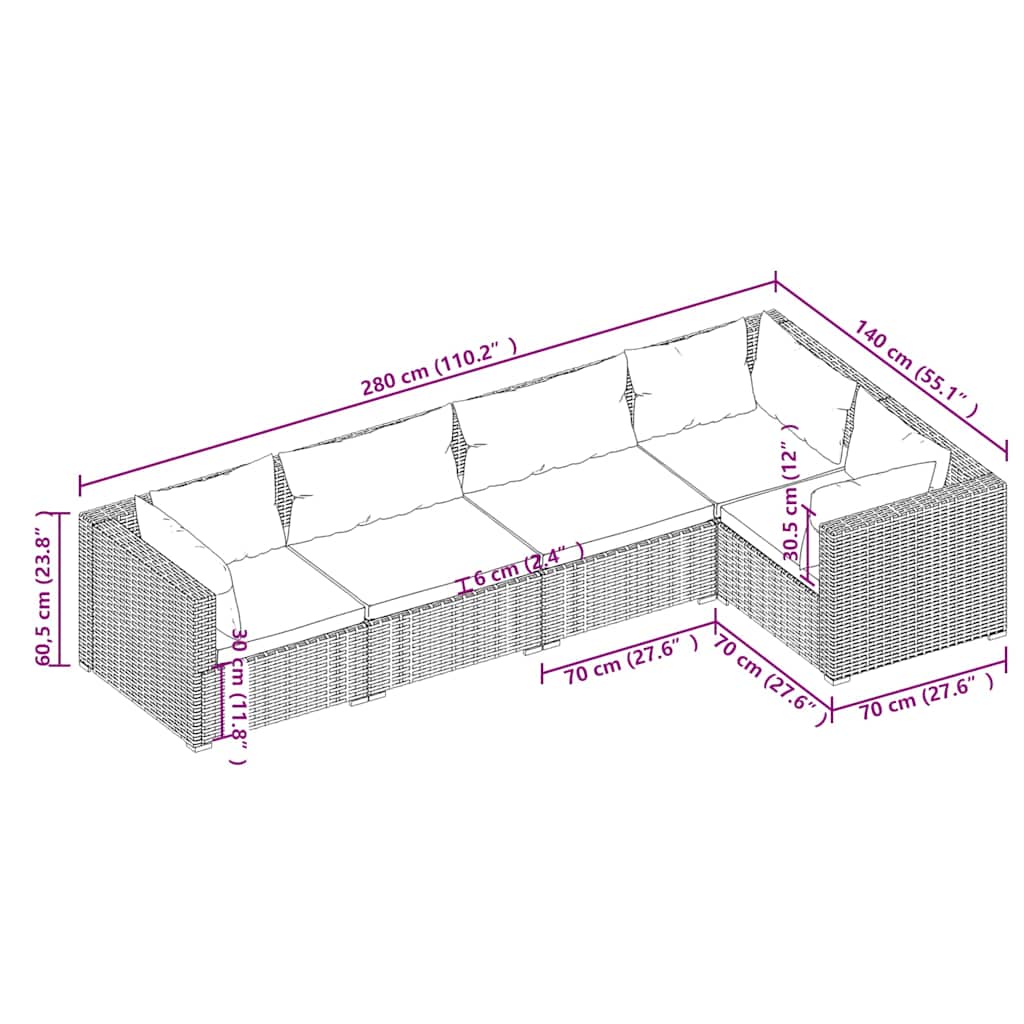 Set Divani da Giardino 5 pz con Cuscini in Polyrattan Marrone | homemem39