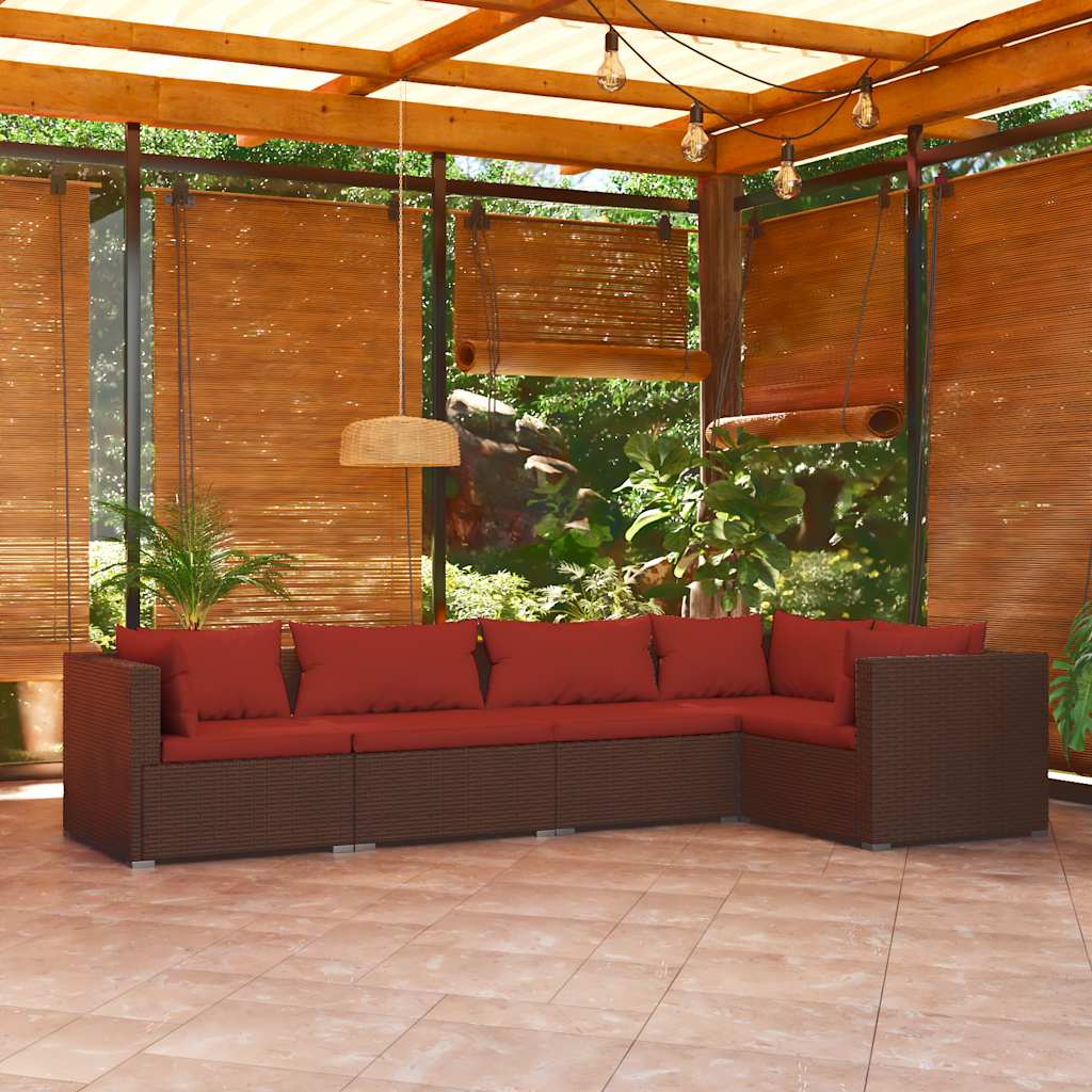Set Divani da Giardino 5 pz con Cuscini in Polyrattan Marrone | homemem39
