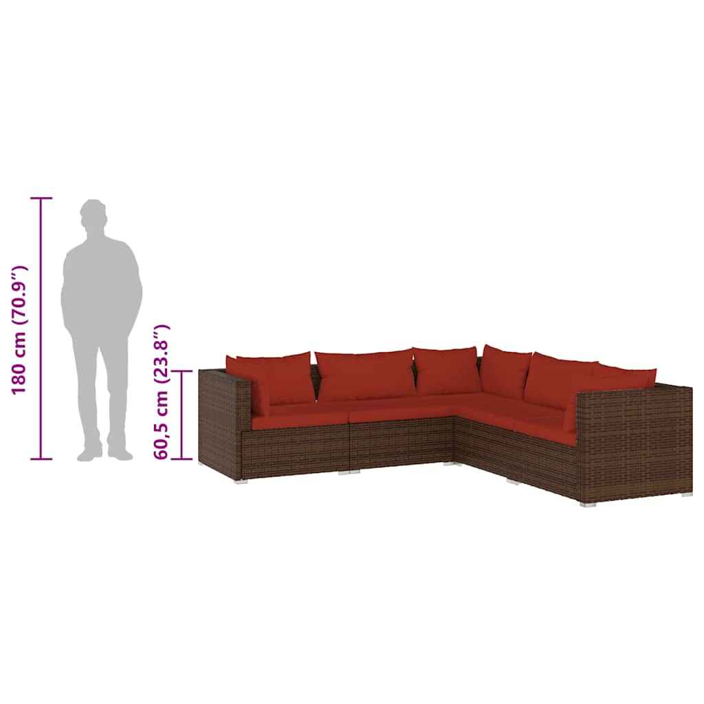 Set Divani da Giardino 5 pz con Cuscini in Polyrattan Marrone | homemem39