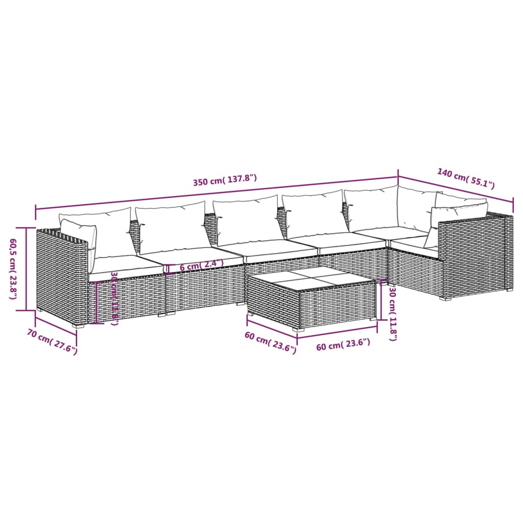 Set Divani da Giardino 7 pz con Cuscini in Polyrattan Marrone | homemem39