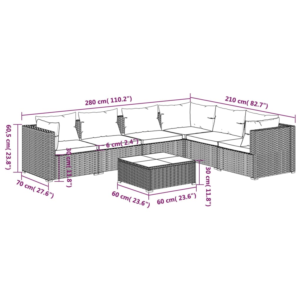 Set Divani da Giardino 7 pz con Cuscini in Polyrattan Marrone | homemem39