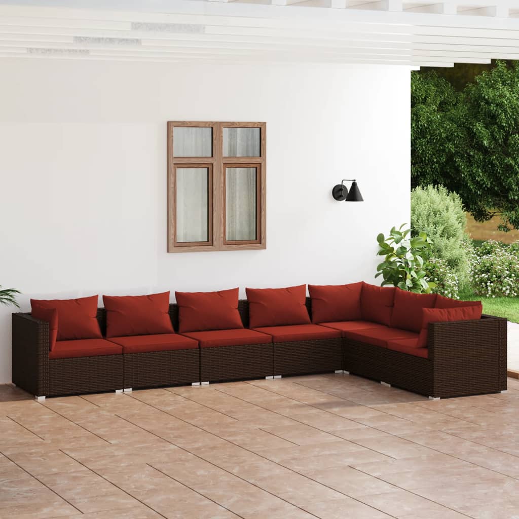 Set Divani da Giardino 7 pz con Cuscini in Polyrattan Marrone | homemem39