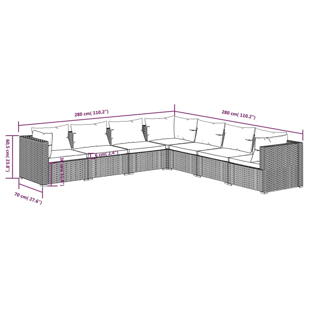 Set Divani da Giardino 7 pz con Cuscini in Polyrattan Marrone | homemem39