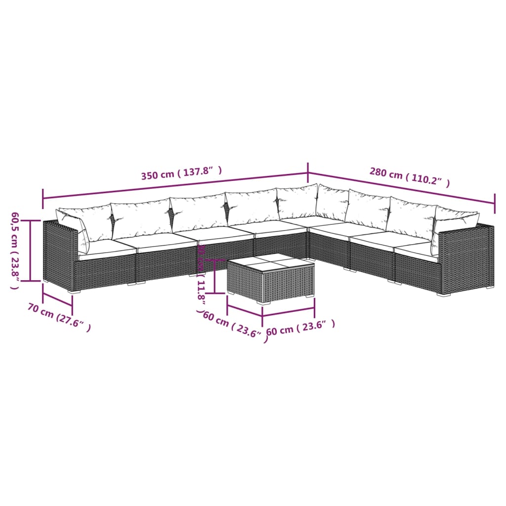 Set Divani da Giardino 9 pz con Cuscini in Polyrattan Marrone | homemem39