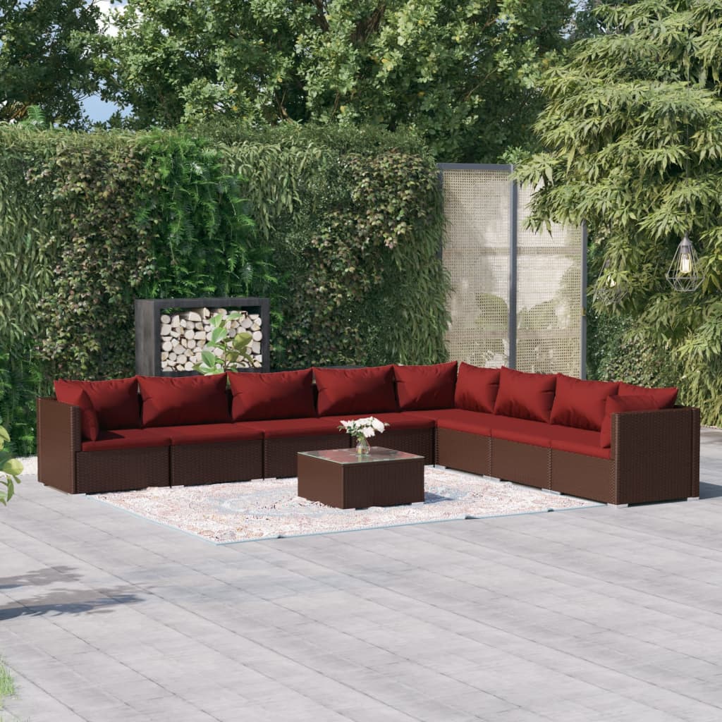 Set Divani da Giardino 9 pz con Cuscini in Polyrattan Marrone | homemem39