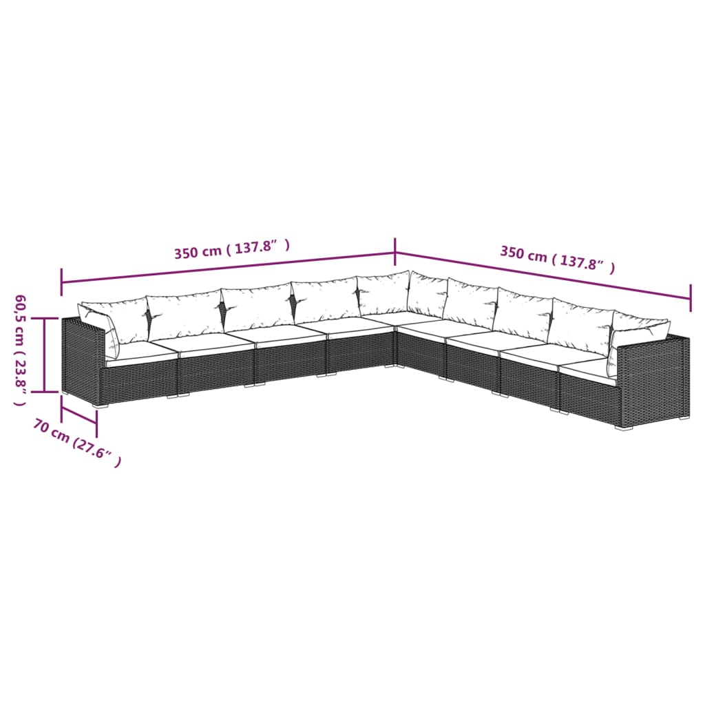 Set Divani da Giardino 9 pz con Cuscini in Polyrattan Marrone | homemem39