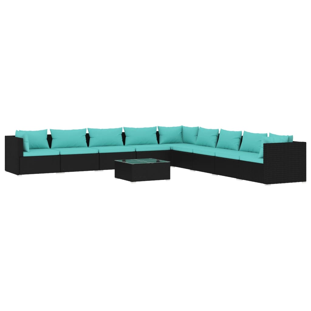 Set Divani da Giardino 10 pz con Cuscini in Polyrattan Nero | homemem39