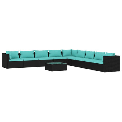 Set Divani da Giardino 10 pz con Cuscini in Polyrattan Nero | homemem39