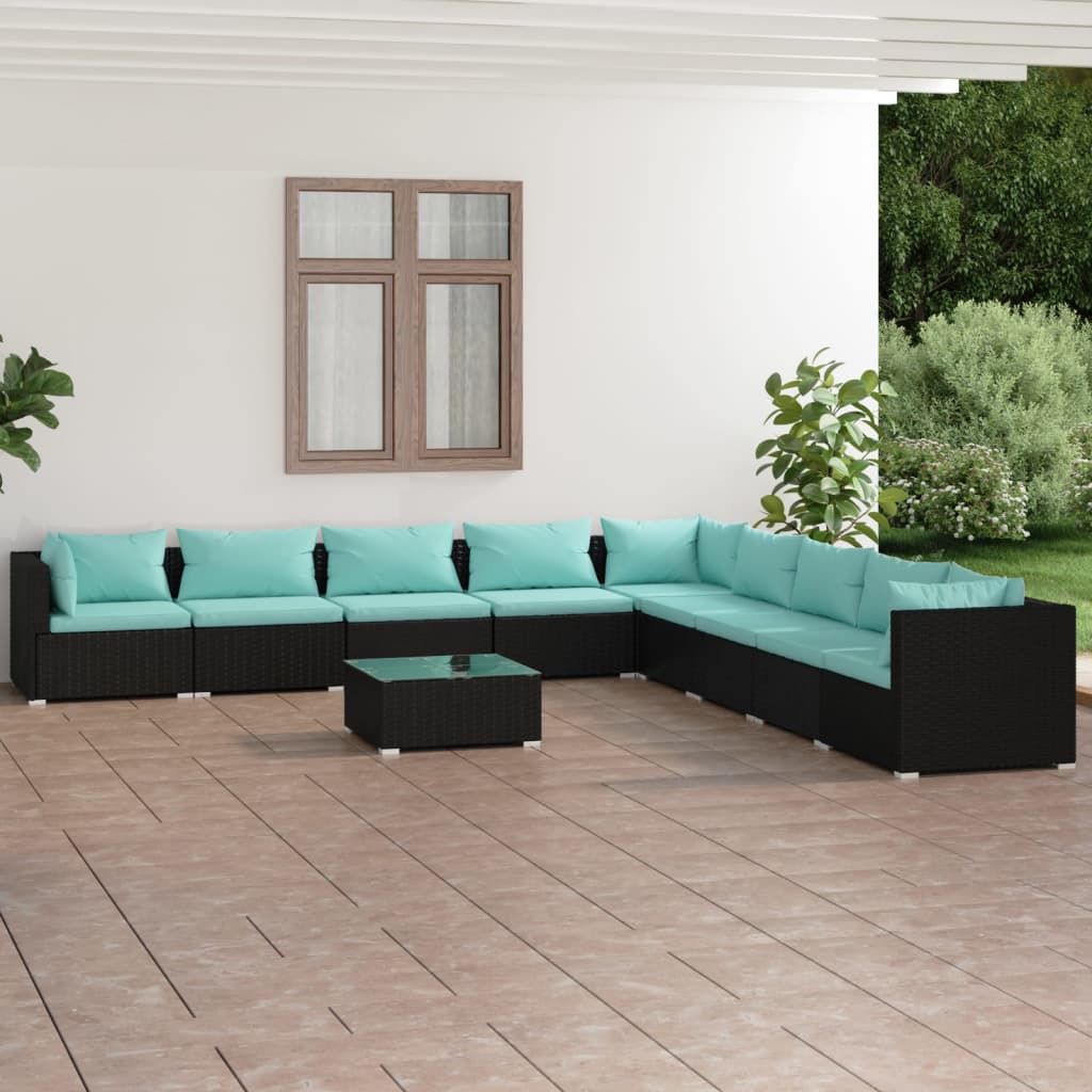 Set Divani da Giardino 10 pz con Cuscini in Polyrattan Nero | homemem39