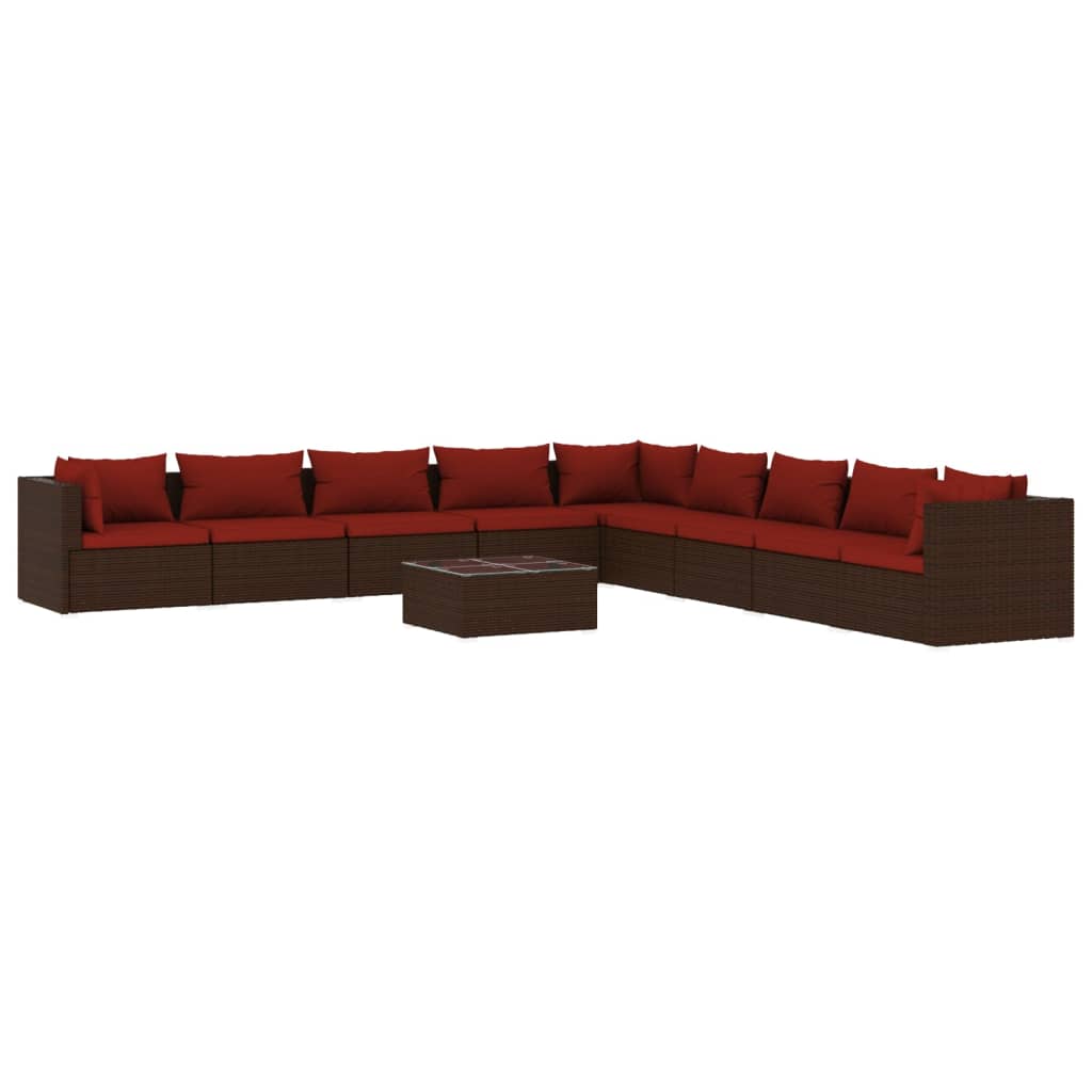 Set Divani da Giardino 10 pz con Cuscini in Polyrattan Marrone | homemem39