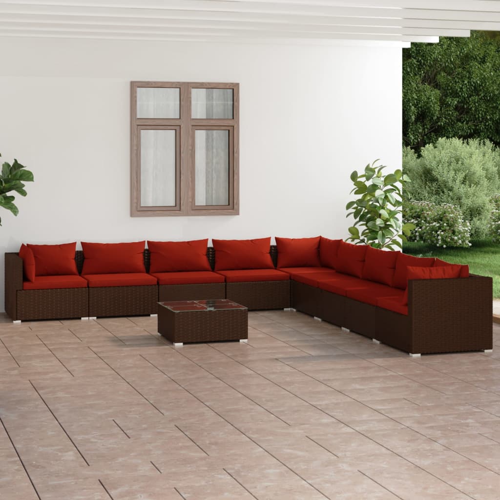 Set Divani da Giardino 10 pz con Cuscini in Polyrattan Marrone | homemem39