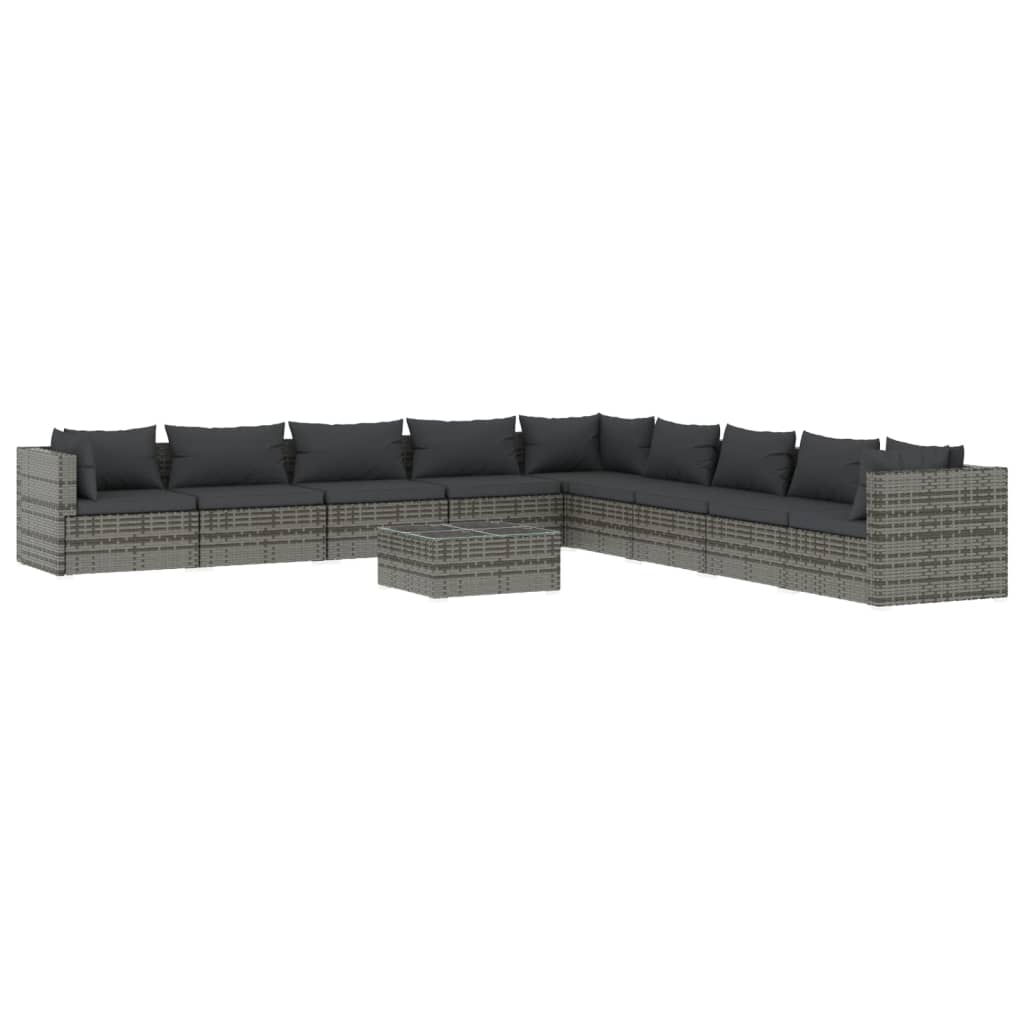Set Divani da Giardino 10 pz con Cuscini in Polyrattan Grigio | homemem39