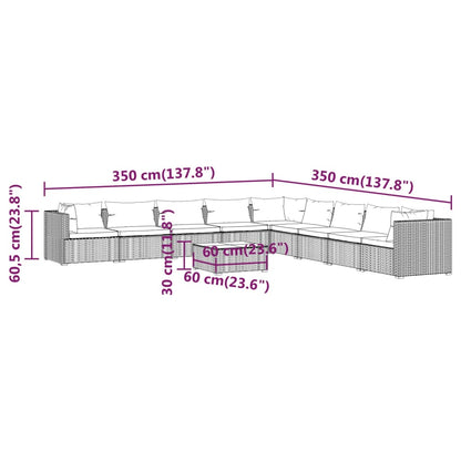 Set Divani da Giardino 10 pz con Cuscini in Polyrattan Grigio | homemem39