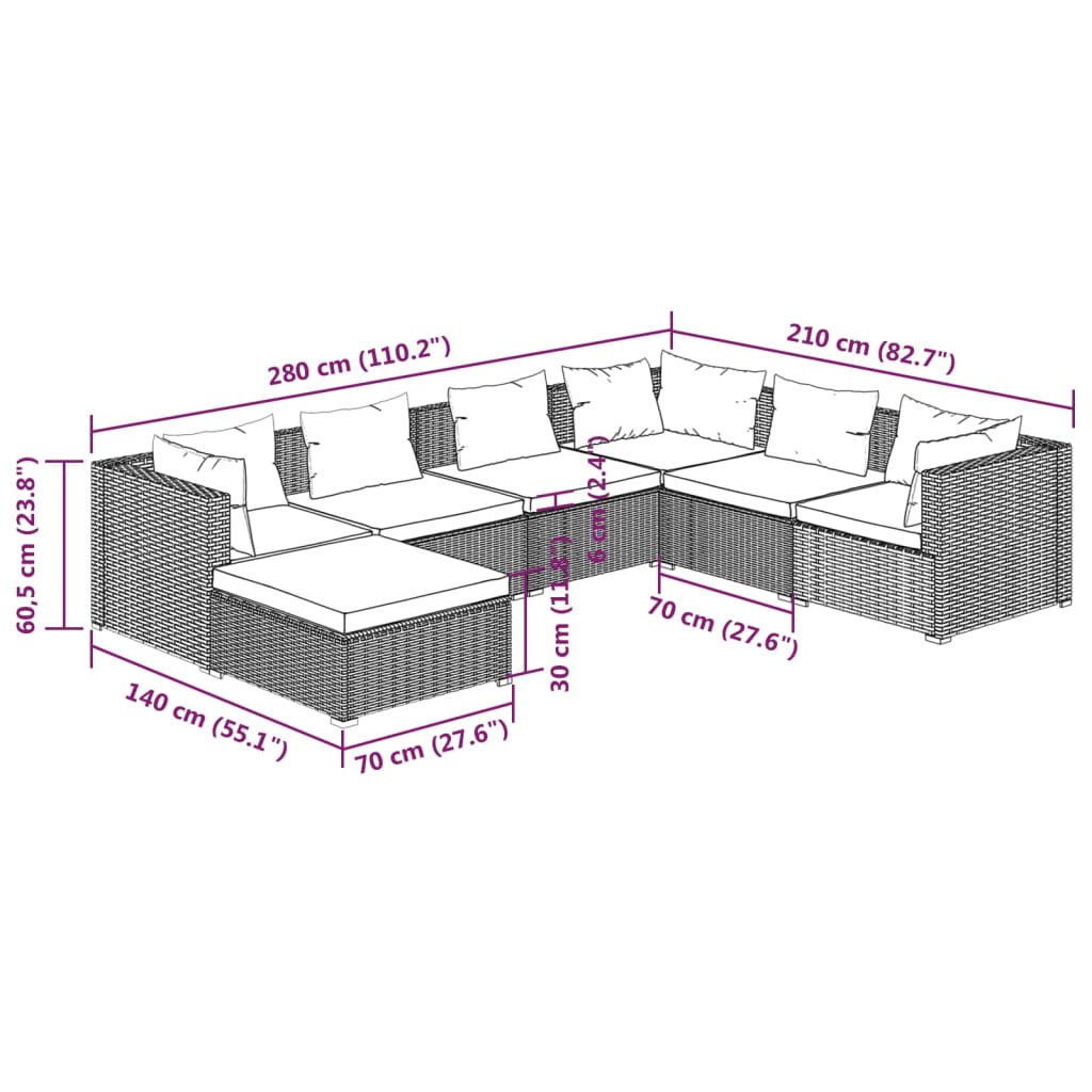 Set Salotto da Giardino 7 pz con Cuscini in Polyrattan Nero | homemem39
