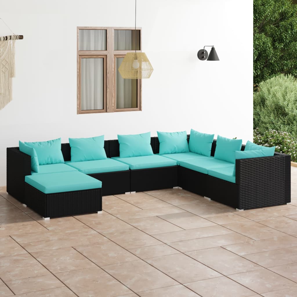 Set Divani da Giardino 7 pz con Cuscini in Polyrattan Nero | homemem39