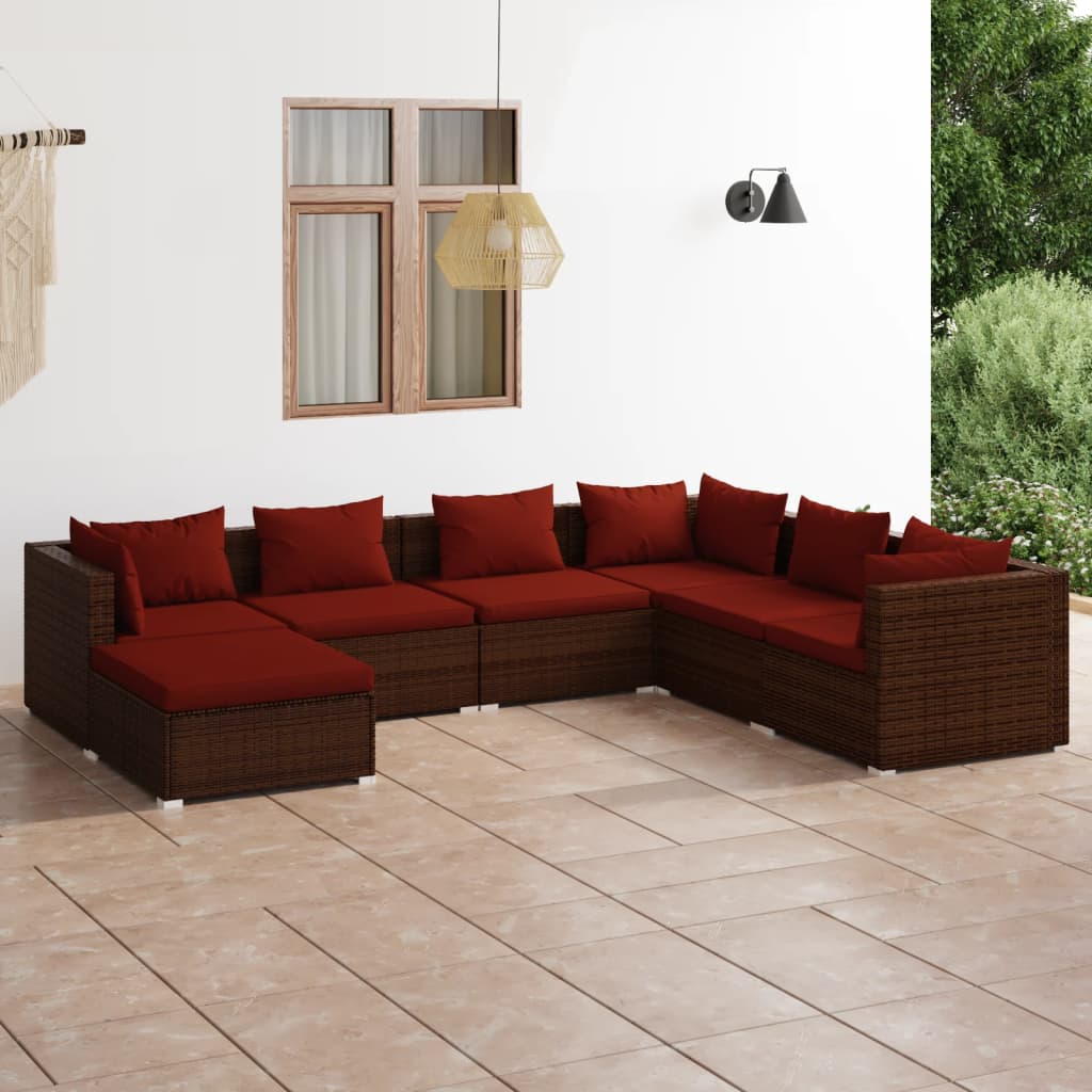 Set Divani da Giardino 7 pz con Cuscini in Polyrattan Marrone | homemem39