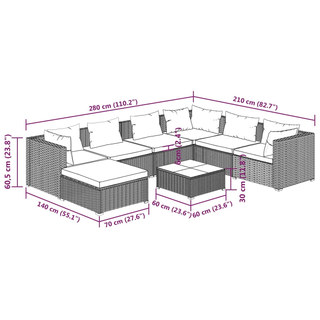 Set Divani da Giardino 8 pz con Cuscini in Polyrattan Nero | homemem39