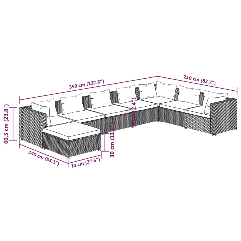 Set Divani da Giardino 8 pz con Cuscini in Polyrattan Marrone | homemem39