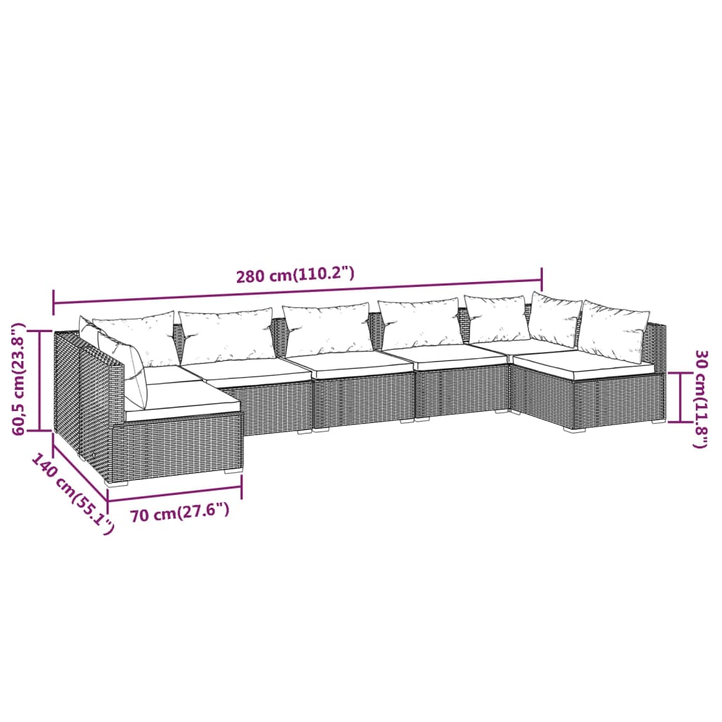 Set Divani da Giardino 7 pz con Cuscini in Polyrattan Marrone | homemem39