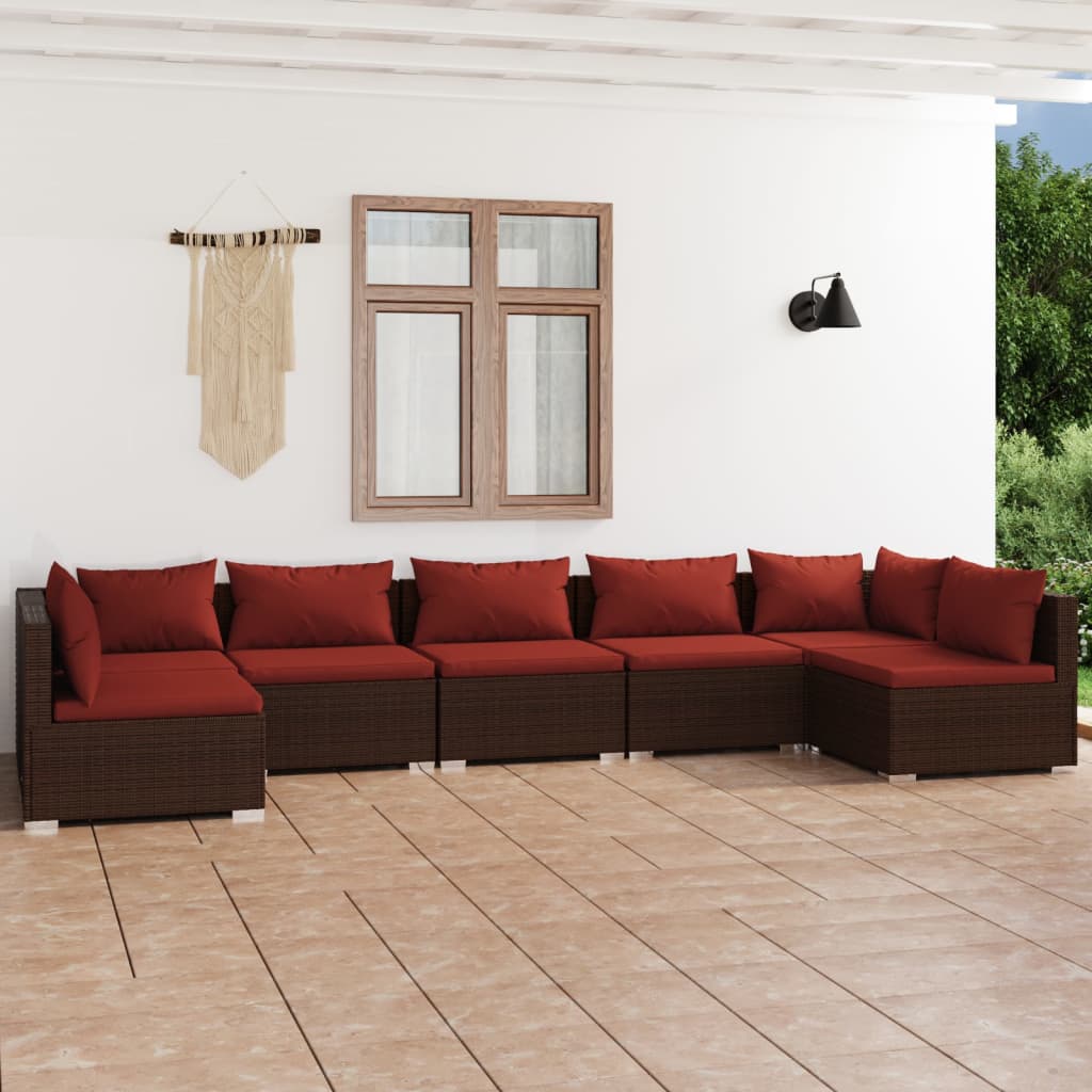 Set Divani da Giardino 7 pz con Cuscini in Polyrattan Marrone | homemem39
