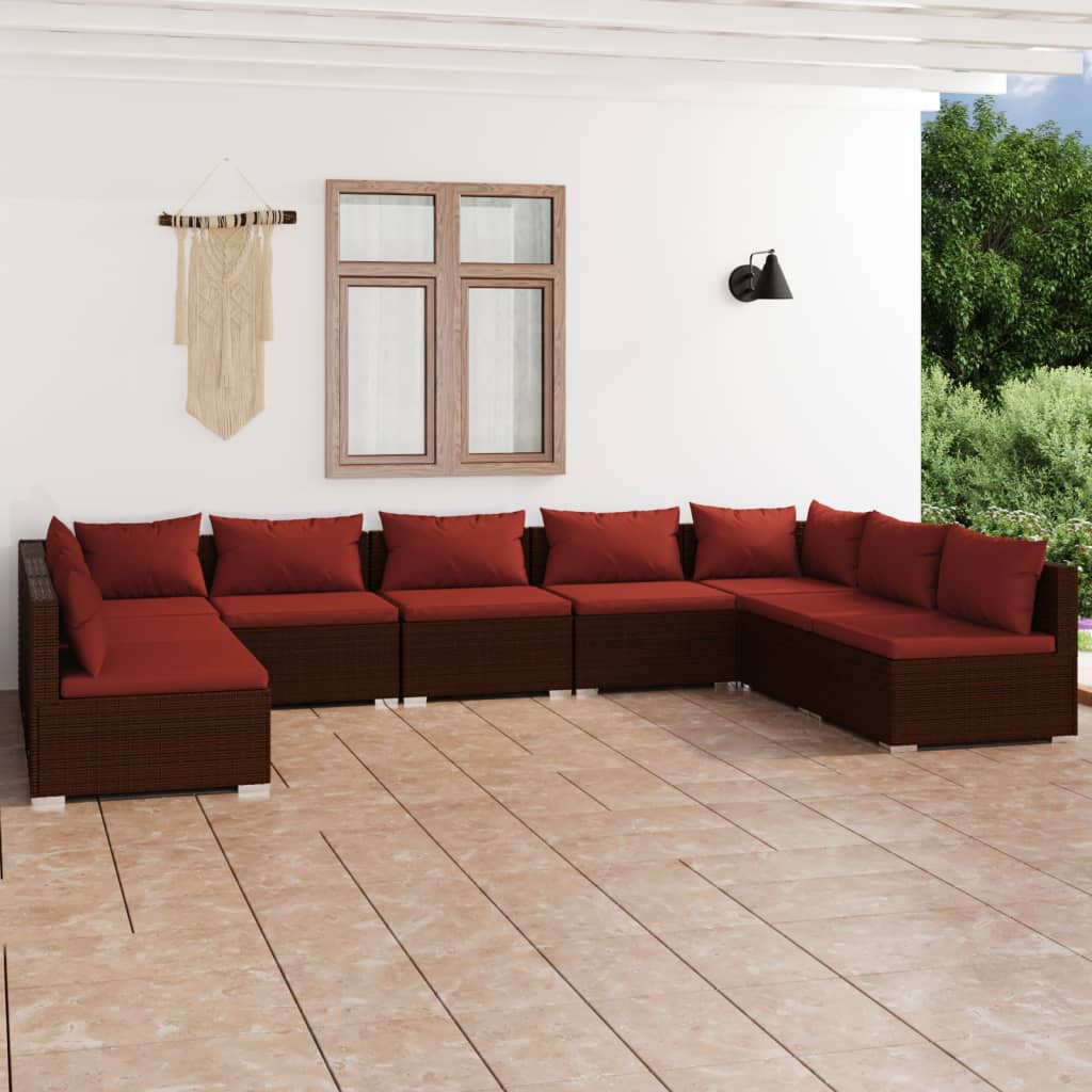 Set Divani da Giardino 9 pz con Cuscini in Polyrattan Marrone | homemem39
