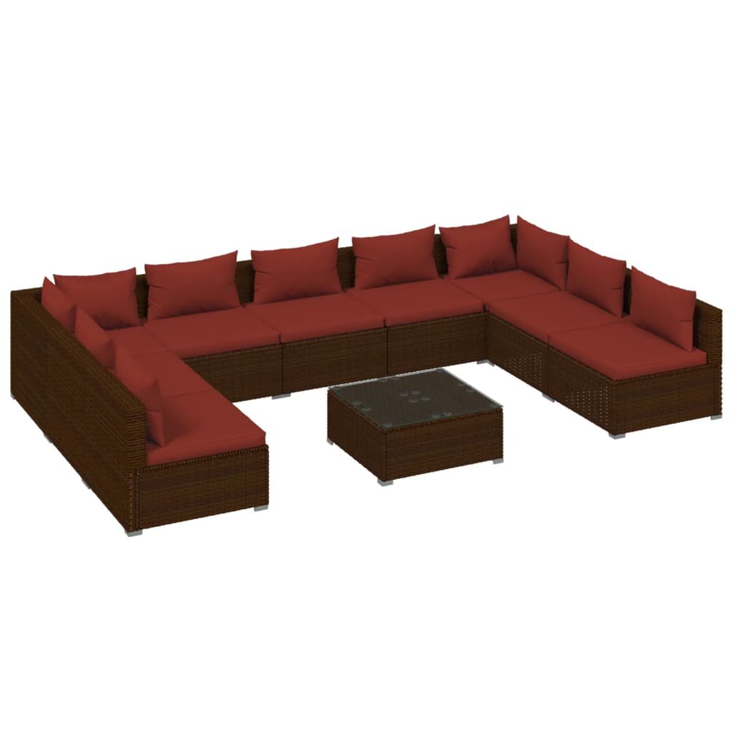 Set Divani da Giardino 10 pz con Cuscini in Polyrattan Marrone | homemem39