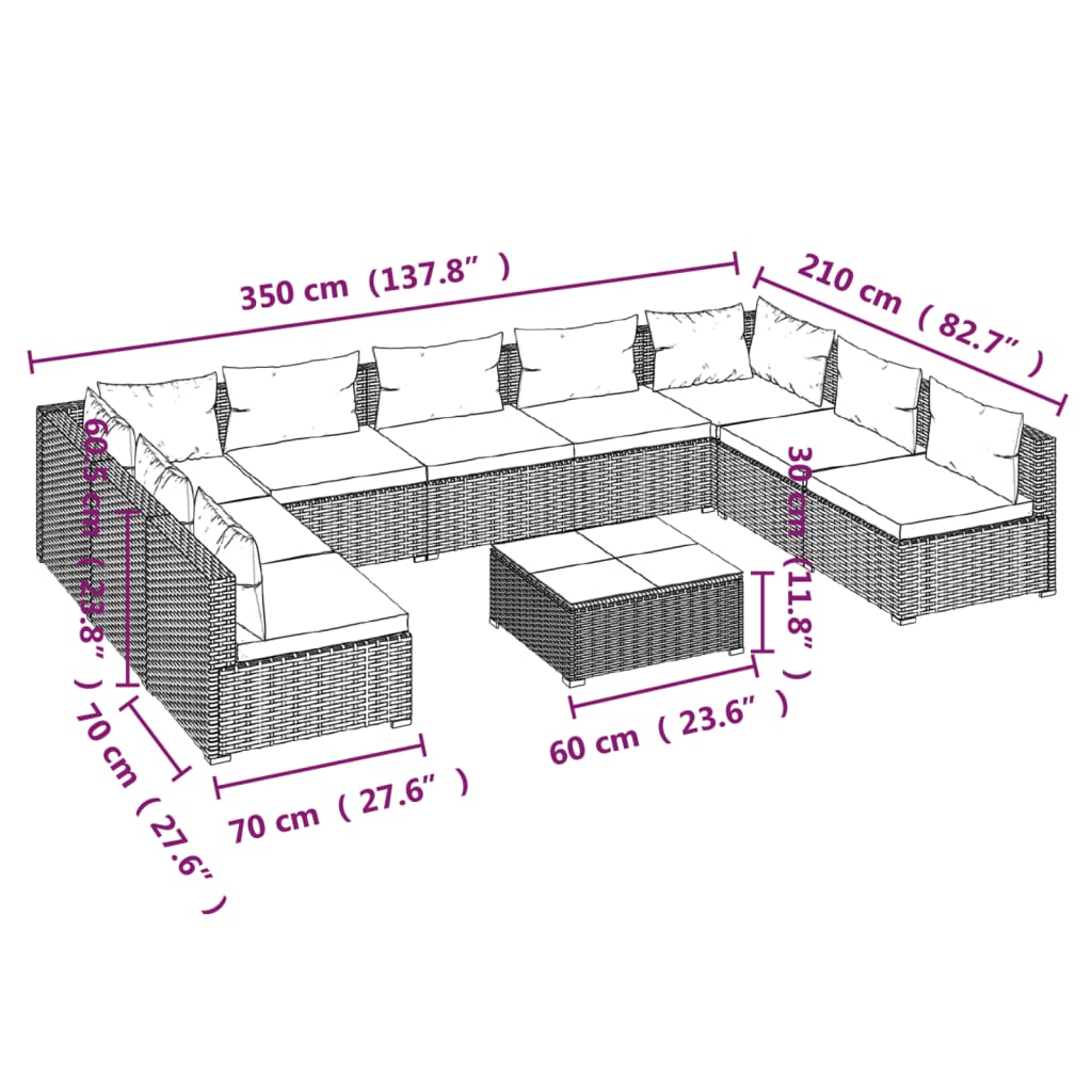 Set Divani da Giardino 10 pz con Cuscini in Polyrattan Marrone | homemem39
