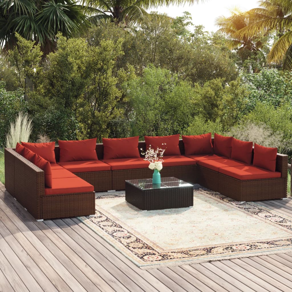Set Divani da Giardino 10 pz con Cuscini in Polyrattan Marrone | homemem39