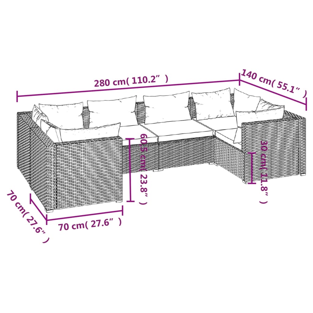 Set Divani da Giardino 6 pz con Cuscini in Polyrattan Marrone | homemem39