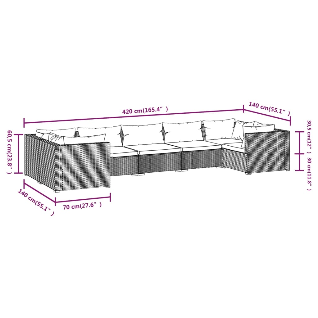 Set Divani da Giardino 7 pz con Cuscini in Polyrattan Marrone | homemem39
