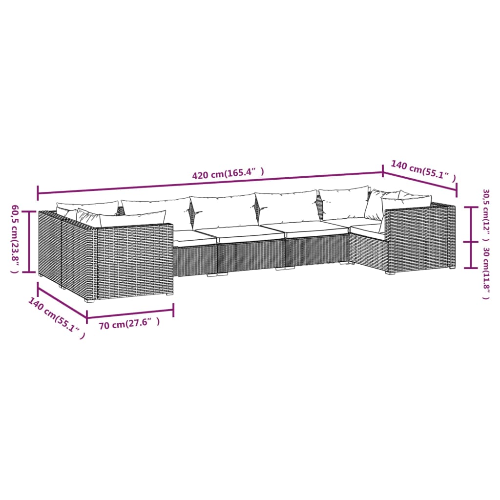 Set Divani da Giardino 7 pz con Cuscini in Polyrattan Grigio | homemem39
