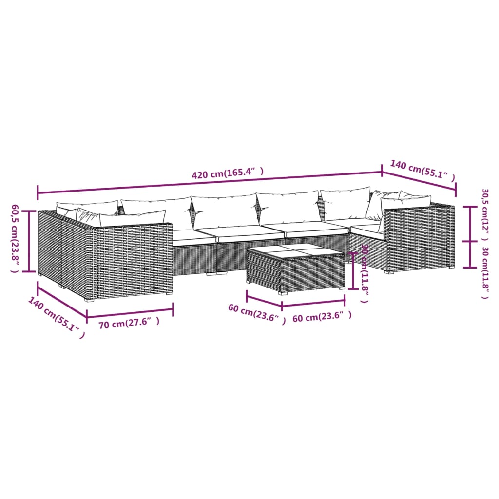 Set Divani da Giardino 8 pz con Cuscini in Polyrattan Nero | homemem39