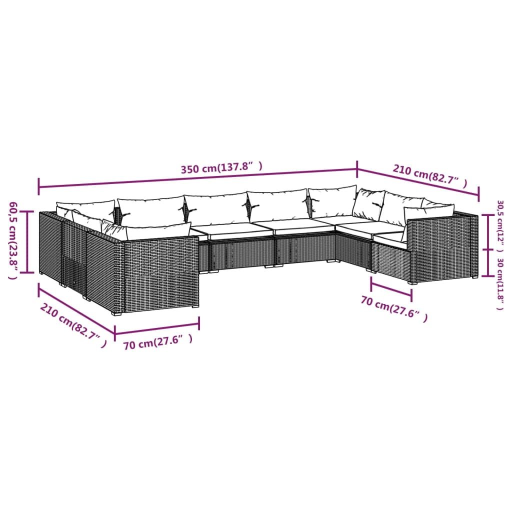 Set Divani da Giardino 9 pz con Cuscini in Polyrattan Marrone | homemem39